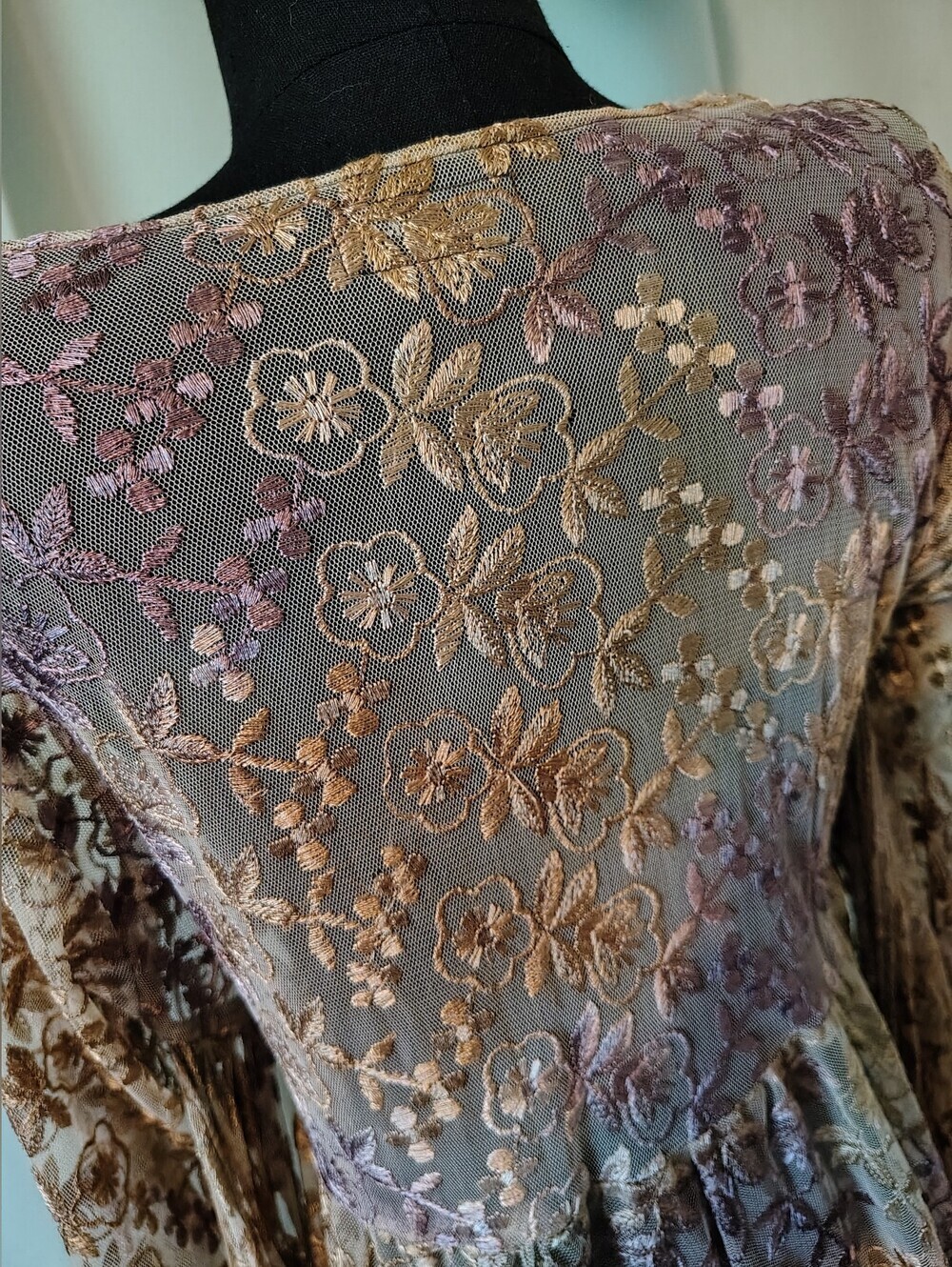 Wednesday's Child Mauve Gold Embroidery Floral Lace Dress Large Boho Vintage - Picture 9 of 16